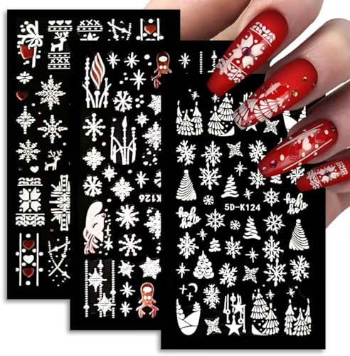 Nagelsticker Weihnachten, 5D Nail Art Sticker, Elch Schneeflocken Stereoskopische Selbstklebende Nagelaufkleber, Nageldesign Zubehör, Nagel Dekoration für Mädchen, DIY Maniküre Aufkleber