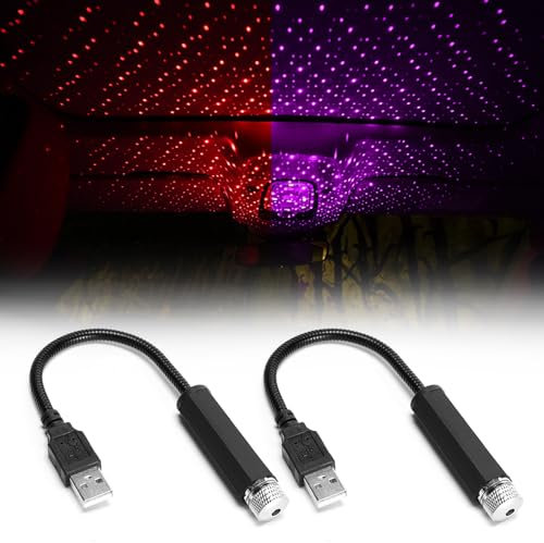 WanderGo 2Pcs Car Star Night Lights, USB Atmosphere Lights, Mini LED Projection Lamps, Starry Sky Car Interior Lights, Romantic Car Roof Lamps for Automobile Home Party