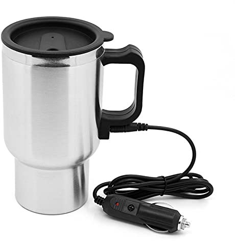 Bouilloire électrique de voiture en acier inoxydable avec thermos de voyage - Bouteille d'eau chauffante avec voyant lumineux alimenté par un briquet - Base pour eau, thé, café, lait, bouilloire de
