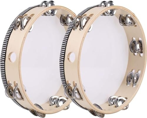 FWEEK 2 Stück Holz-Tamburine, 20 cm mit Doppelschellen für Musikunterricht | Handtrommeln für Rhythmusspiele, Partys, Gruppenübungen und gemeinsames Musizieren