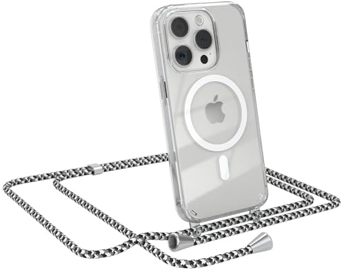 EAZY CASE - Handykette kompatibel mit iPhone 15 Pro Kette zum Umhängen Stoßfest Handyhülle für iPhone 15 Pro Silikon Hülle mit Band Handytasche Transparent als Fallschutz in Schwarz Camouflage