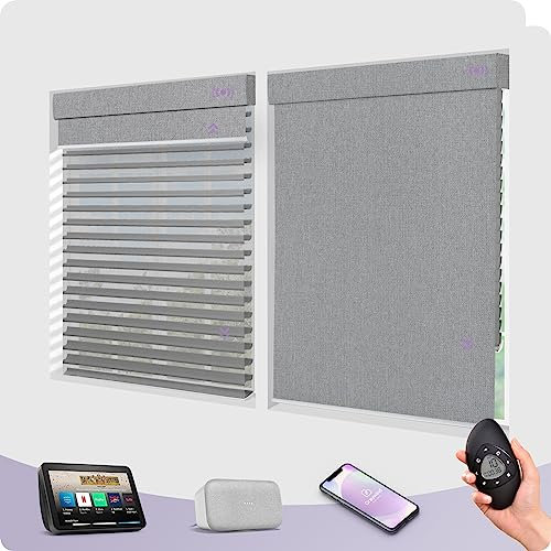 Graywind Smart Dual Blinds, Electric Double Blinds Blackout Roller Blinds and Shangrila Sheer Shades in One Set, Remote Control Motorised Blinds Compatible with Alexa Google,Blackout Weaving Cloud
