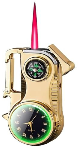 Butan-Feuerzeuge, aufblasbare Feuerzeuge, 5-in-1-Multifunktionswerkzeug for den Außenbereich, Kompass, Flaschenöffner, Schlüsselanhänger, echte Uhr, Winddichte aufblasbare Feuerzeuge mit roter Flamme