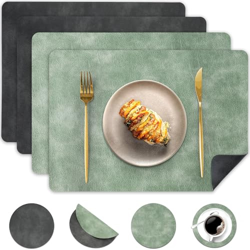 Pixieora Tischsets Abwaschbar und Untersetzer, Tischset Kunstleder Doppelseitigen rutschfest Platzsets in Lederoptik Platzdeckchen Telleruntersetzer (Grau Salbeigrün, 4er Set)