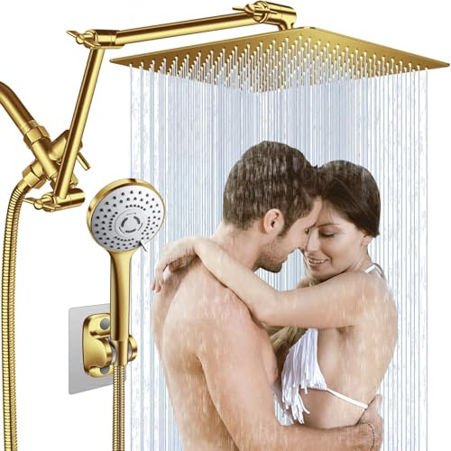 12 Golden Rain Shower Head, High Pressure Rain Shower Head with 16 Adjustable Extension Arm, Flexible Adjustable Height and Angle, 5 Spray Settings, Leakproof