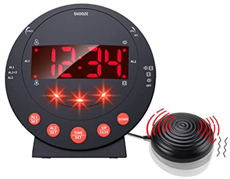 Ejoyous Wecker Laut für Tiefschläfer, Super Vibrationswecker mit Bettschüttler Rotes Blinklicht Dualer Wecker digital USB-Ladeanschlus für Hörgeschädigte