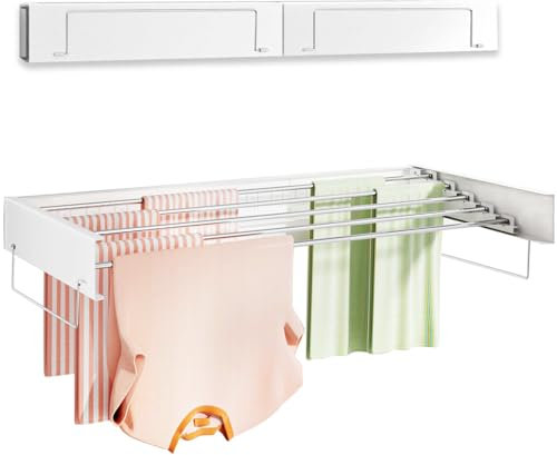 Vikaqi Wall Mounted Clothes Drying Rack 40 inches, Foldable Wall Mount Laundry Drying Rack Folding Indoor, Drying Rack Clothing Collapsible, Towel Drying Rack with Wall Template, 6 Rods, White