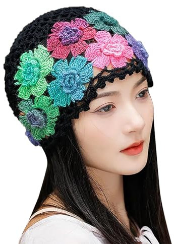 Pilotenmütze Damen Vintage handgefertigte bestickte Baumwoll-Häkelstrick-Mütze mit ausgehöhltem Blumenmuster Lammfell Mütze Damen (Black, One Size)