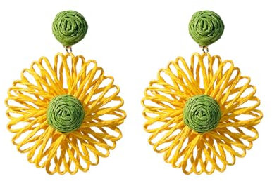 QKEPCY Pendientes de Paja Hechos a Mano Para Mujer Pendientes Flor Tejido de Rafia Estilo Boho Hawaiano Vacaciones en la Playa Joyería Earrings para Mujeres y Niñas(Amarillo y Verde)