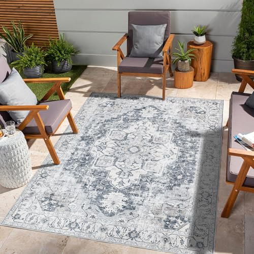 TOPICK Teppich 80x120cm Fußmatte Waschbar Fussmatte Innen Kurzflor Retro Grau Blume Orientalischer Teppich Antibakterieller Faltbar rutschfest Dünn Türmatte für Eingangs Küche Flur Schlafzimmer