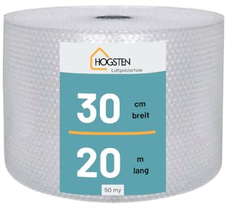 HOGSTEN Luftpolsterfolie Rolle 20m x 30cm - Noppenfolie für Versand, Verpackung und Umzug -100% recycelbar - Bubble Wrap Polstermaterial Verpackungsmaterial 50my (0,3m x 20m)