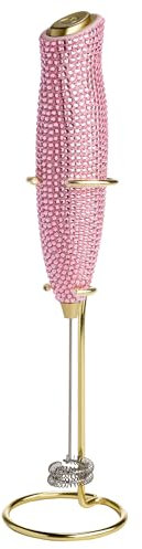 Paris Hilton Electric Rhinestone Handheld Milk Frother with Double Coil Head Whisk and Gold Metal Stand, Battery Powered (2 AA Batteries Required but Not Included), Pink