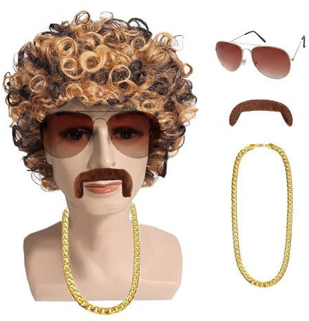 Afro Perücke Herren Damen, FaschingsDeko, Vokuhila Perücke Herren, Faschingskostüme Herren Cosplay Perücke, 70er 80er Jahre Outfit für Männer Damen Sonnenbrille Halskette Bart (Braun)