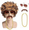 Afro Perücke Herren Damen, FaschingsDeko, Vokuhila Perücke Herren, Faschingskostüme Herren Cosplay Perücke, 70er 80er Jahre Outfit für Männer Damen Sonnenbrille Halskette Bart (Braun)