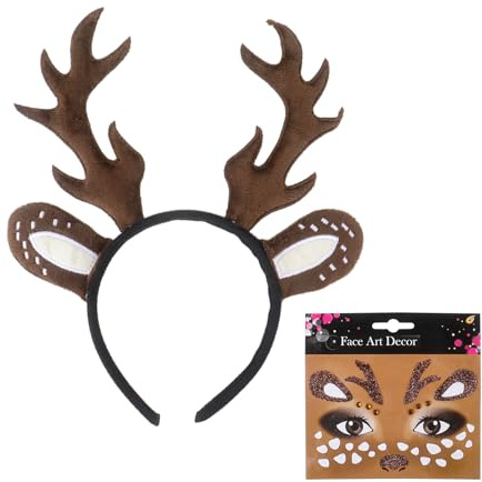 Dmnnlp Reh Gesichtstattoo und Rentier Haarreif, Reh Haarreif, Geweih, Gesichtstattoo Kopfschmuck Karneval Cosplay Halloween Weihnachten