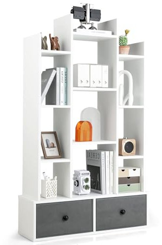 FANTASK Bücherregal im Baumform, Standregal mit Schubladen, Regal mit 12 Fächern, Aufbewahrungsregal für Wohnzimmer, Schlafzimmer, 53 x 24 x 118 cm (Weiß)