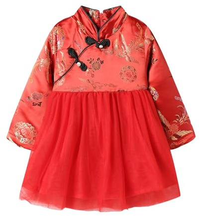 Mud Kingdom Girls Chinese Style Dresses Mandarin Collar Embeoidery Cheongsam Tutu Dress Fleece Lining Festival Hanfu Dress New Year