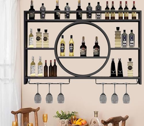 Mensola moderna in metallo con luce a LED, montaggio a parete, per bar, supporto per bicchieri da vino e espositore nero (120 x 15 x 80 cm)