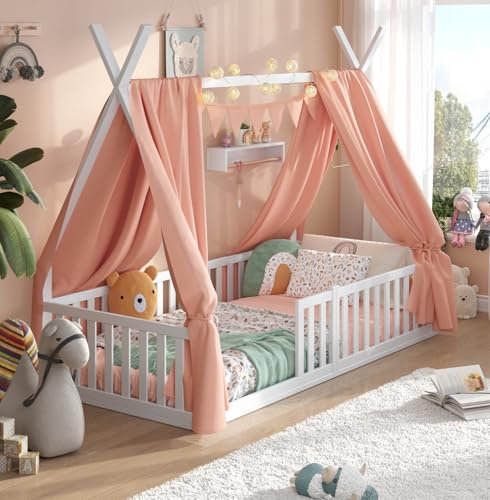 ALAVYA HOME® Kinderbett Hausbett Bodenbett Sky Set mit Deko und Matratze I FSC® zertifizierte inkl. Rausfallschutz & Lattenrost (Hausbett mit Deko Rosa und Matratze, 80 x 160 cm)