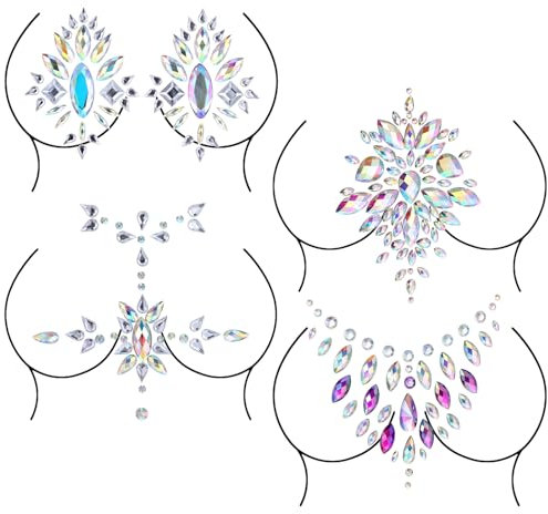 Lot de 4 feuilles d'autocollants en strass pour cache-seins, décoration pour femme, festival, maquillage, coloré, 7.4 x 5.5 inches