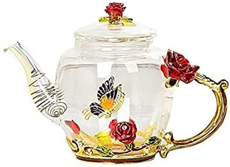 Vintage-Teeset – Glas-Teekanne und Emaille-Tassen für Nachmittagstee-Party, Blumen-Design, perfekt für Zuhause oder Geschäft, elegantes rotes Rosenmuster