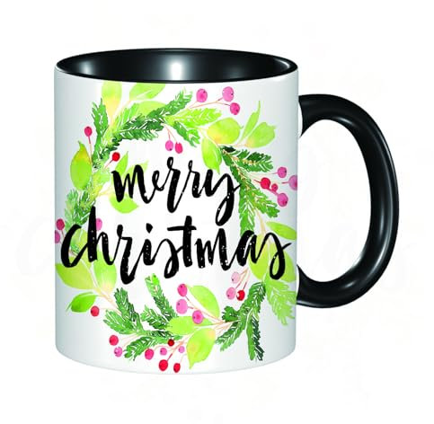 HRRASFAZF Tasse Kaffeetassen,Große 330ml Mit Henkel 100% Handbemalt kaffeebecher porzellan,Aquarell Weihnachtskranz aus Stechpalme und Mistelzweig Stock Vektor,Frauen,Jahrestag,Muttertag