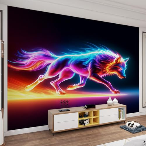 YEMYOR Neon Colorful Wolf 3D Mural, Running Wolf Wallpaper, Colorful Wildlife Wall Paper, Wall Paintings, Good Ductility, for Living Room Bedroom-150x100cm