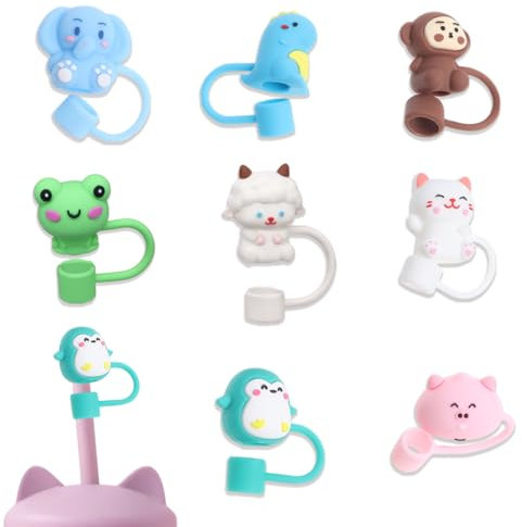 Cartoon Animal Straw Covers, 8 PCS, Silicone Reusable Dustproof Leakproof Caps for 9-10mm Straws, Stanley Cup Accessories Tumbler Toppers
