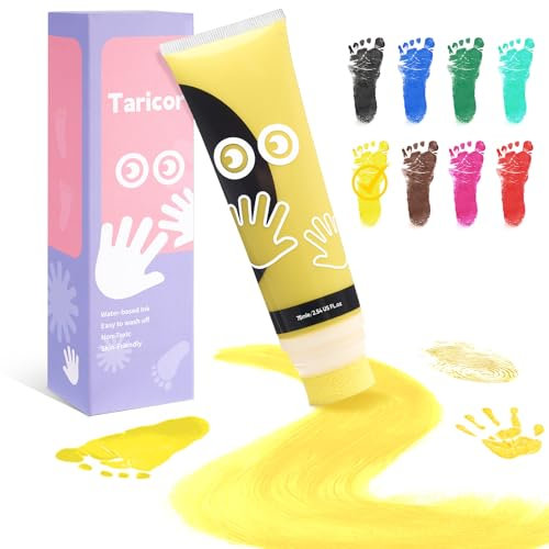 Taricor Kit Empreinte Pieds et Mains Bébé, Enfant Empreinte Clean Touch Tampons Bébé Empreinte de Main Empreinte de Pied Enfant Empreinte Nouveau-nés Douche Cadeau Bebe Souvenir (75ml Jaune)