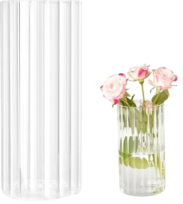 Yuraigm Jarrón de cristal de 25 cm de alto, transparente, moderno jarrón de cristal, redondo, grande, jarrón de tulipanes, jarrón de suelo, acanalado, decorativo, estético, cilíndrico, para hierba de