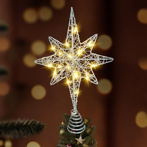 Christmas Tree Topper Lighted, Stereo Christmas Tree Star Topper with 20 LED Lights Silver Glittered Xmas Hollow Star Treetop Toppers Ornaments for Home Holiday Decorations