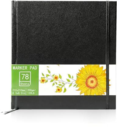 24K Quadratisches Hardcover Skizzenbuch, 78 Blatt/156 Seiten 200 g/m², Beidseitig Nutzbar Sketchbook für Marker, Zeichnen, Malen, Abreißseiten Skizzenbuch für Künstler Malbegeisterte(8.3X8.3)
