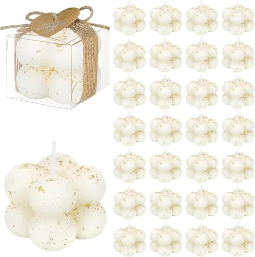 30 Sets Kleine Kerzen Gastgeschenke in Großpackung 1,57 x 1,38 Bubble Cube Kerze mit Karten für Brautpartys, Taufen, Dankeschön-Geschenke (Goldfolienweiß)