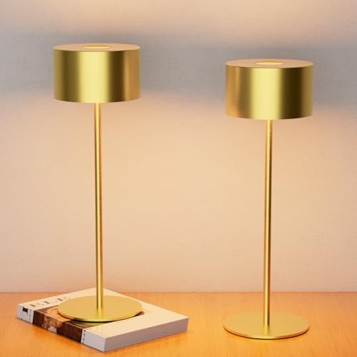 Zexwixs Kabellose Tischlampe Akku Dimmbar, Gold Kleine Tischlampe Vollmetall 3 Farbtemperatur, Nachttischlampe Kabellos USB-C, IP54, H25cm,für Outdoor Nachttisch Esstisch Schreibtisch