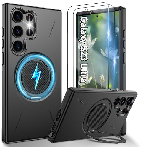 Gritup für Samsung Galaxy S23 Ultra/S22 Ultra Hülle für Magsafe mit 2 Stück HD-Bildschirmschutz, eingebauter Kickstand,Schutz in Militärqualität Dual Layer Stoßdicht, Kamera Guard-Schwarz