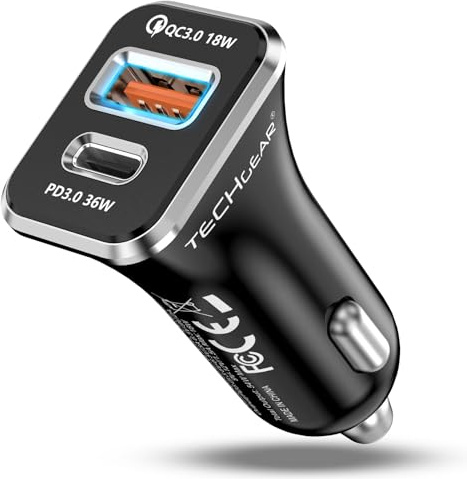 TECHGEAR 54W USB C Car Charger 12V/24V - PD 36W PPS + USB A QC 18W Dual Port Fast Car Charger for iPad Tablets iPhone 17 16 15 14 Galaxy S26 S25 S24 Pixel Cigarette Lighter Adapter