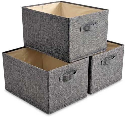 OWRE Aufbewahrungsbox Stoff 3er Set L – Organizer mit Griffen – Baumwolle & Leinen – Aufbewahrungskorb – faltbar für stilvolle Ordnung im Zuhause – Grau