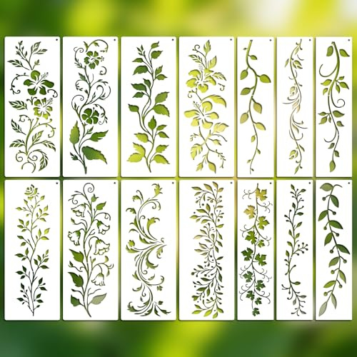 JSRQT 14 Pezzi Stencil per Foglie e Viti, Stencil Riutilizzabili per Pittura Foglie e Fiori, Modelli per Disegno Floreale Primaverile per Dipingere su Legno, Tela, Tessuto, Pavimento, Parete