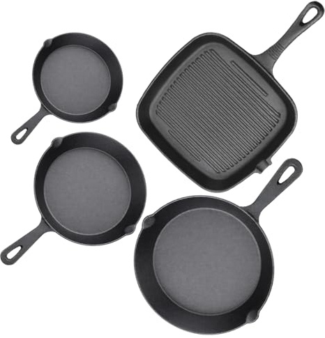 4 Piece Pre-Seasoned Cast Iron Skillet Set with Silicone Handle Covers | Induction Frying Pans Bulk, Oven Safe Cookware for Home, Kitchen, BBQ, Camping (4 Sizes)