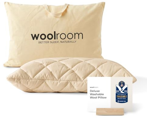 WOOLROOM Deluxe British Wool Pillow, Adjustable Firmness - Traceable Certified Hypoallergenic Cooling - Machine Washable Organic Cotton Cover 200tc - King Size Bed Pillow, 48x90 cm