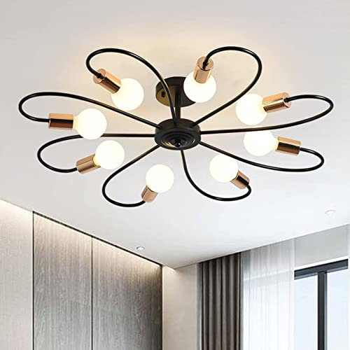 Qcyuui Lámpara de techo de 8 luces, moderna Lámpara de araña Sputnik de metal industrial, accesorio de iluminación colgante vintage para cocina, comedor, sala de estar, dormitorio (negro y dorado)