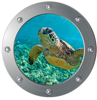VICASKY Fliesensticker U Boot Fenster Wandaufkleber Selbstklebend Unterwasser Welt Fliesenaufkleber Fliesenbilder Deko Wandbilder Schlafzimmer Bade WC Bullauge Deko (Meeresschildkröte)