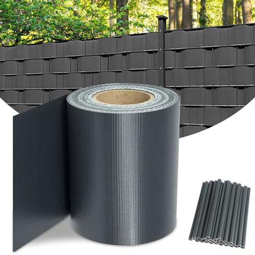 SWANEW PVC Sichtschutzfolie Sichtschutzstreifen 70m x 19cm, Blickdicht Sichtschutz für Doppelstabmatten Zaun, mit 60 Befestigungsclips, für Gartenzaun Balkon, Anthrazit