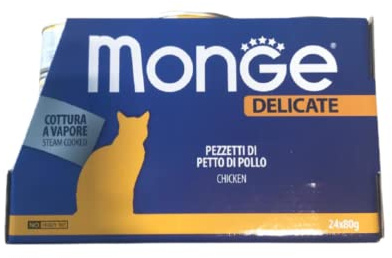 Monge Delicate natural superpremium quality Hühnchenstücke für Katzen, Dampfgarer, 24 Dosen (je 80 g), Natur, Alleinfuttermittel, ohne Farb- und Konservierungsstoffe