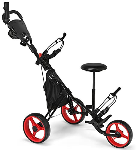 COSTWAY Carrello da Golf Pieghevole con 3 Ruote, Trolley da Golf Altezza Regolabile di Alluminio con Sedile, Porta Ombrello e Porta Bevande (Rosso)