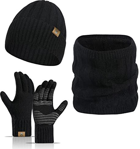 Meajore Winter Mütze schal Handschuhe Herren Set 3 in 1 Gestrickte Warme Beanie Touchscreen Handschuh Damen