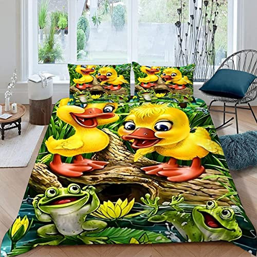 Bettwäsche 135×200 3D Gedruckt 4teilig Ente Und Frosch 100% Mikrofaser mit Reißverschluss Grün Und Gelb Kinder Soft Jungen Mädchen Bettwaren Bettbezug mit Kissenbezug 80x80 cm
