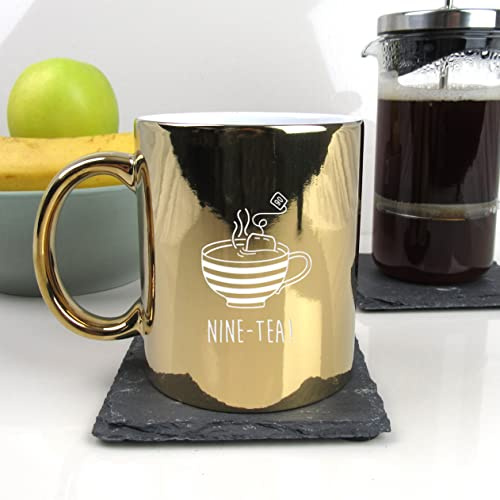 eBuyGB Engraved Metallic Shiny Gold Coffee Mug -Nine-Tea Design - 350ml Tea Cup, 90th Milestone Birthday Gifts for Men, Him - Ninetieth Gift for Friend, Grandad, Dad, Husband
