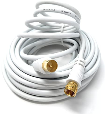 DRUT 10m RF TV Aerial Male to F Type Connector Male Plug Coaxial Coax Cable, Lead, 75 Ohm, 3C-2V 33ft White Gold Connectors