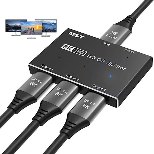 AOOCOO 1 In 3 Out DisplayPort Splitter, DisplayPort 1.4 MST SST Hub Splitter 8K@30Hz 4K@144Hz DP zu DP Videokonverter für Grafikkarte mit MST Funktion (nur Windows PC)